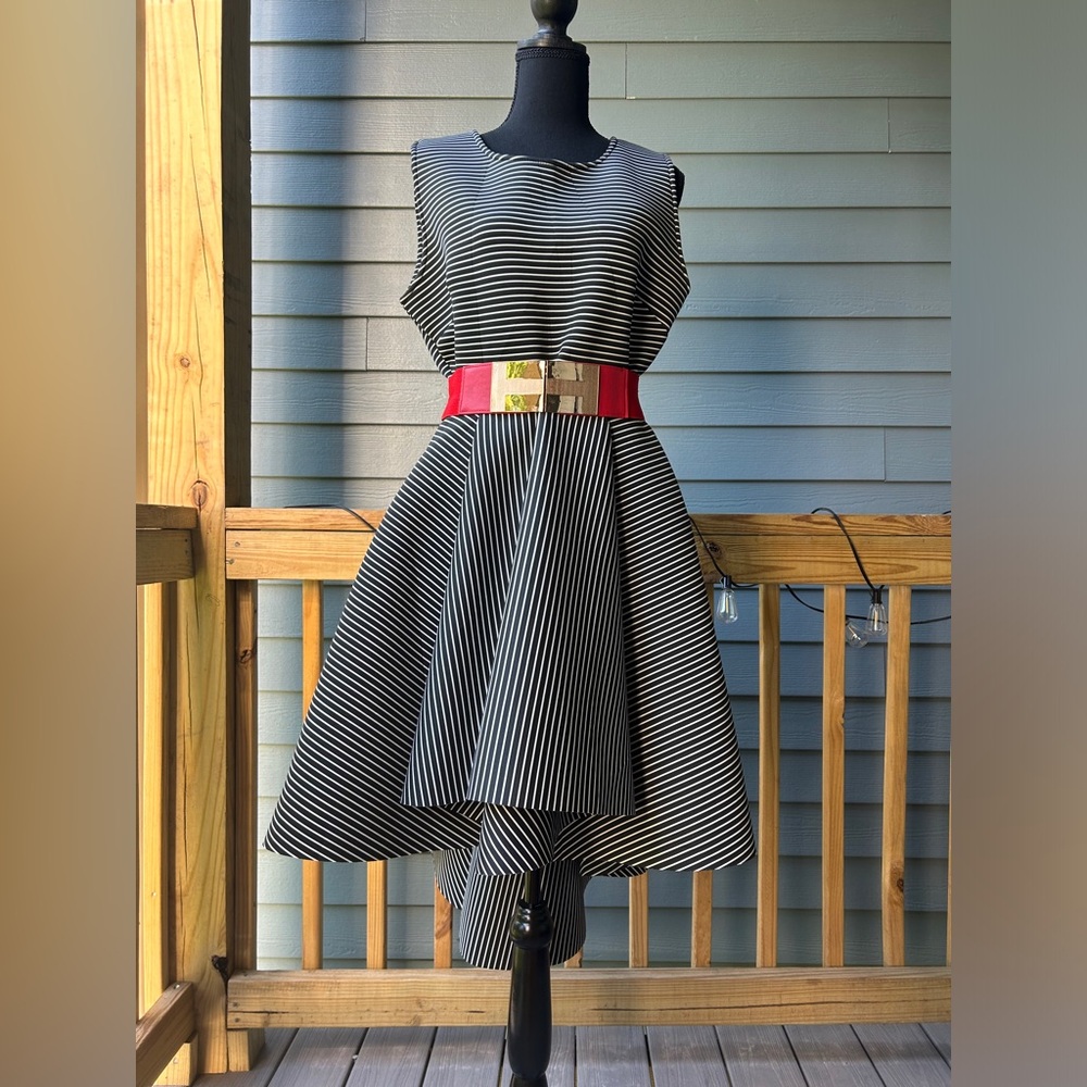 Black dress white stripes with red belt